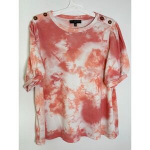 Fred David Coral Tie Dye Puff Sleeve Button Shoulder Top 1X Plus Size Boho Tee